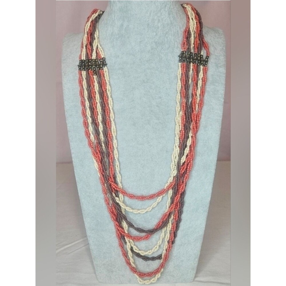 Vintage Glass Seed Bead Twisted 8 Layer Brown, Cream, And Burnt Orange 70s EUC